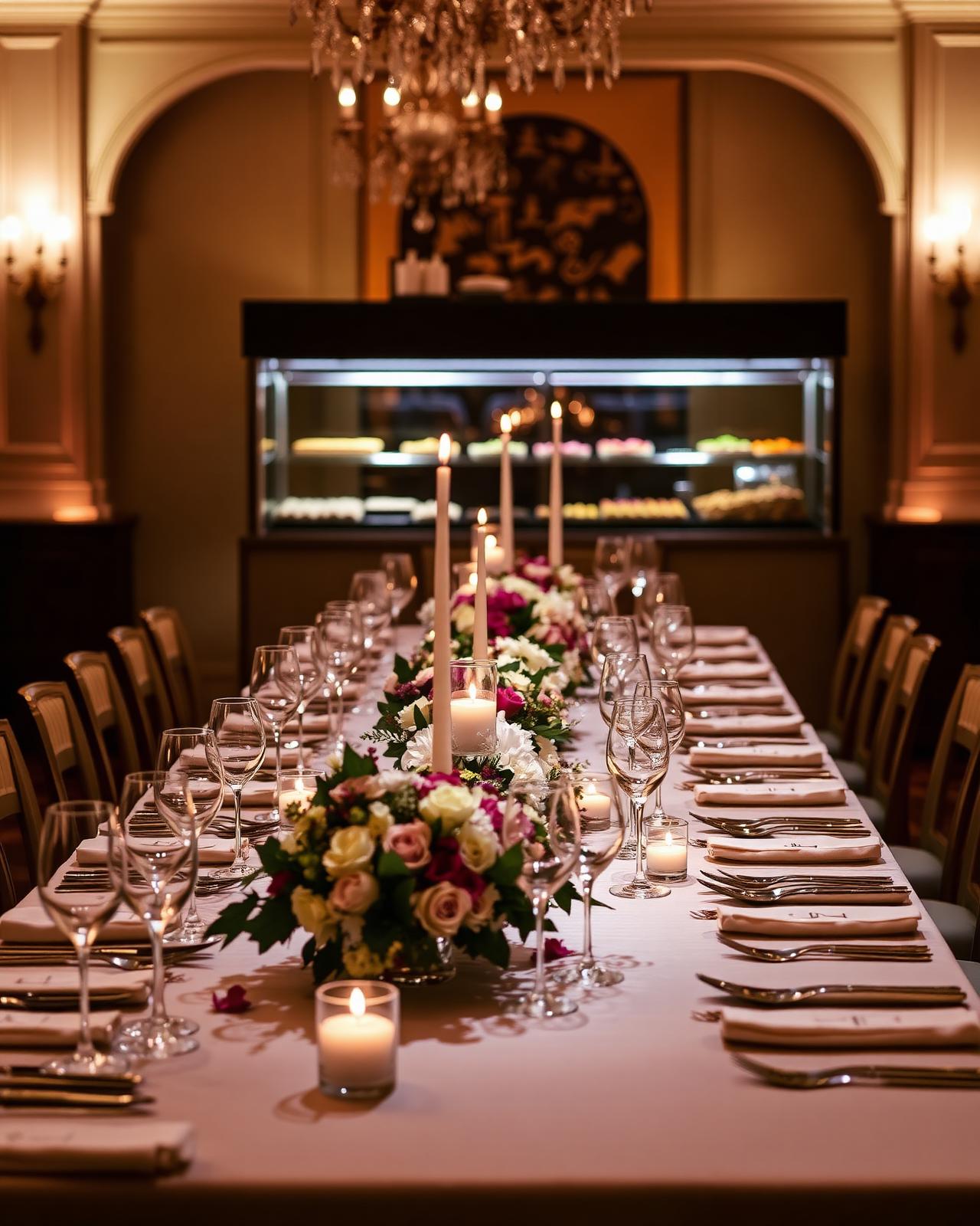 Sophisticated private dining event with floral centerpieces
